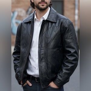 VTG 90’s Fondini Fashions Patchwork Leather Bomber Jacket Mens M Black Biker y2k